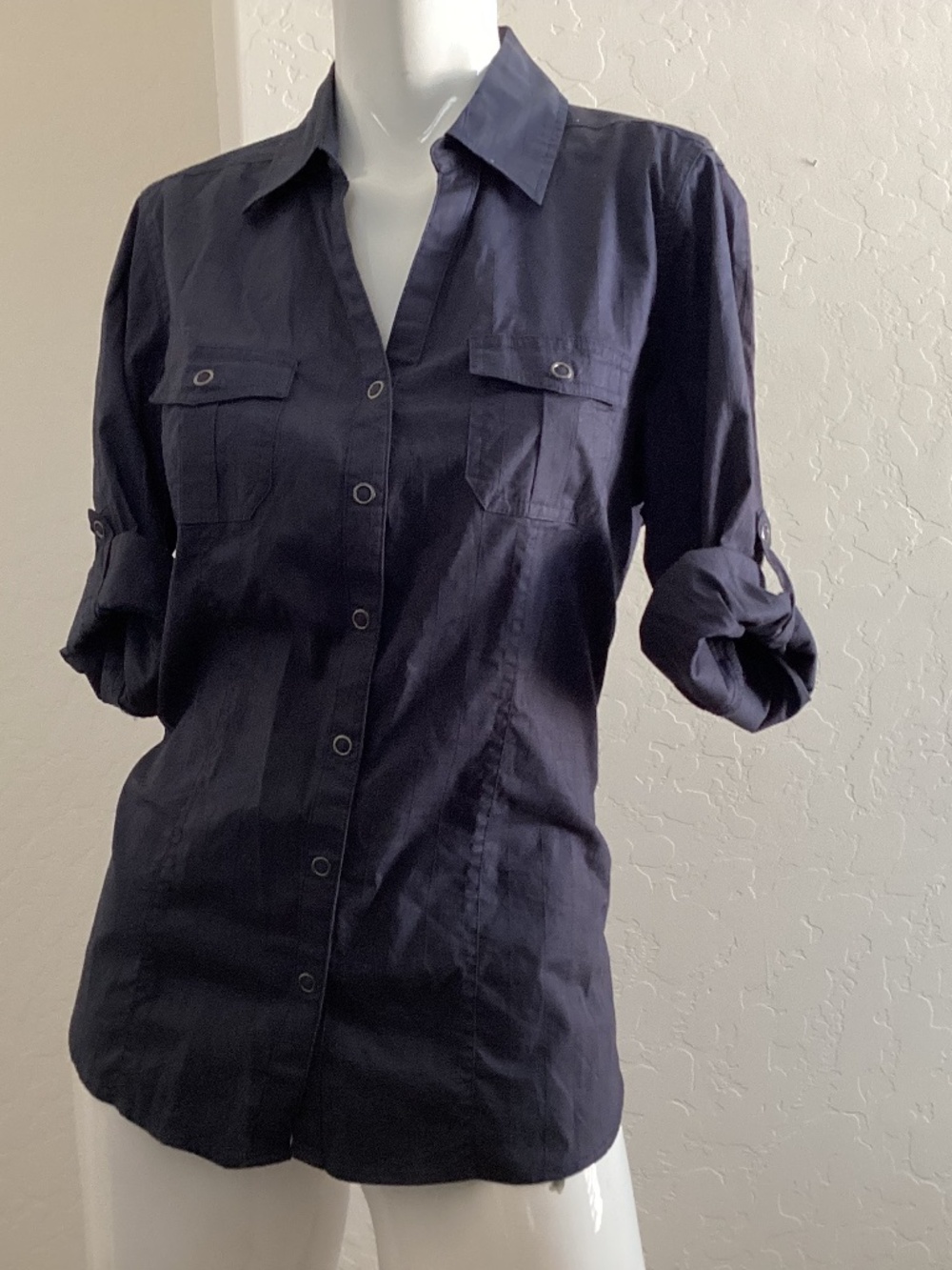 Sonoma, size M, navy blue, button up, 3/4 sleeves, roll-tab sleeves